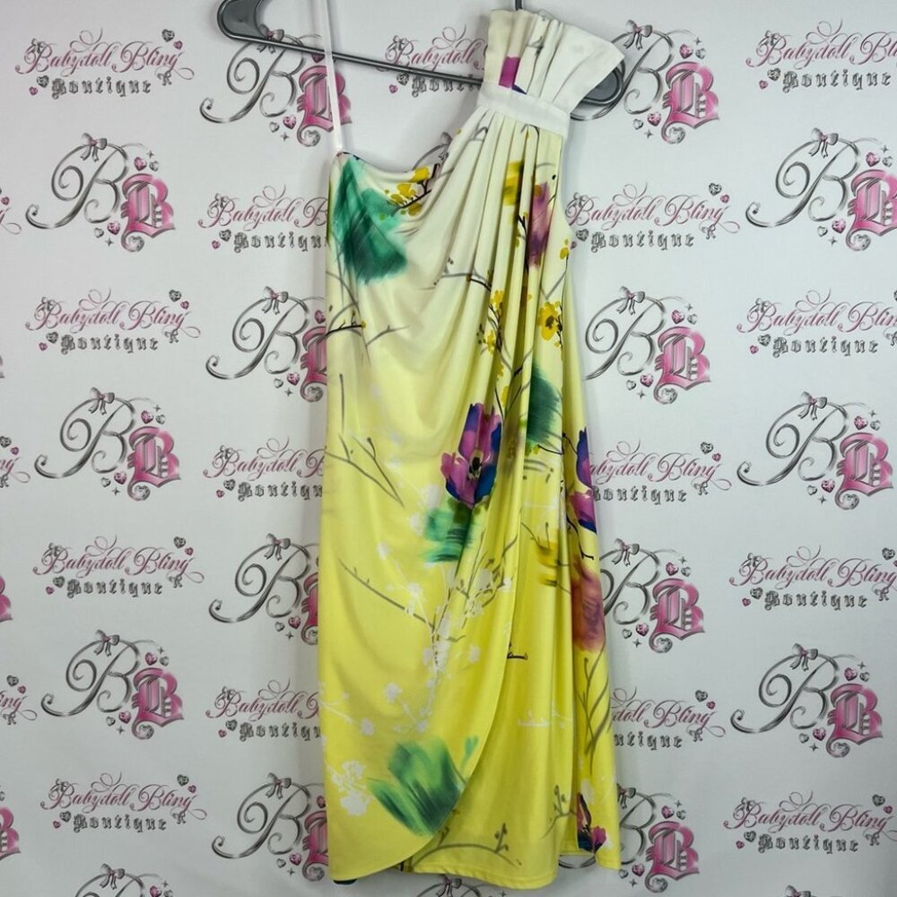 Le Chateau dress One Shoulder Yellow Floral Dress flowers pleated